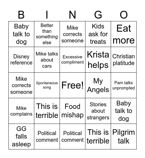 Schovel Thanksgiving Bingo Card