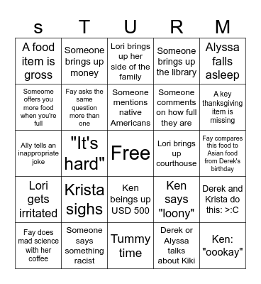 Sturm Family Thanksgiving Bingo Card