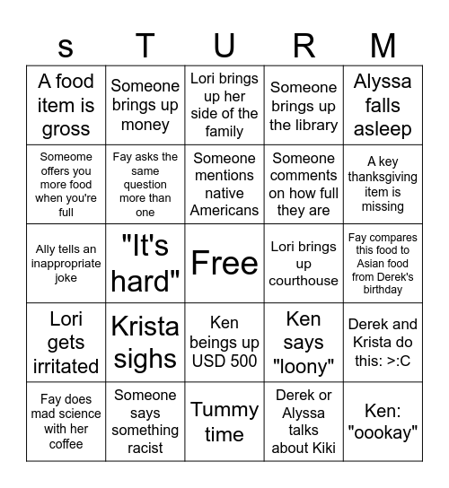 Sturm Family Thanksgiving Bingo Card