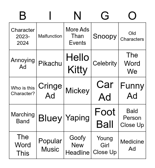 Macy's Thanksgiving Parade Bingo Card