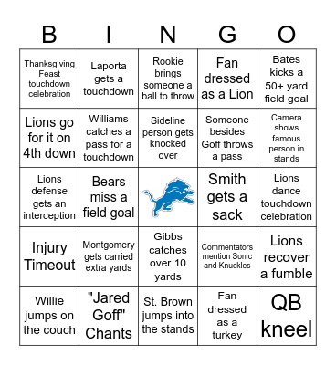 Lions Thanksgiving Bingo Card