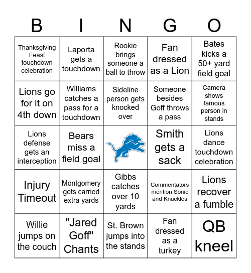 Lions Thanksgiving Bingo Card