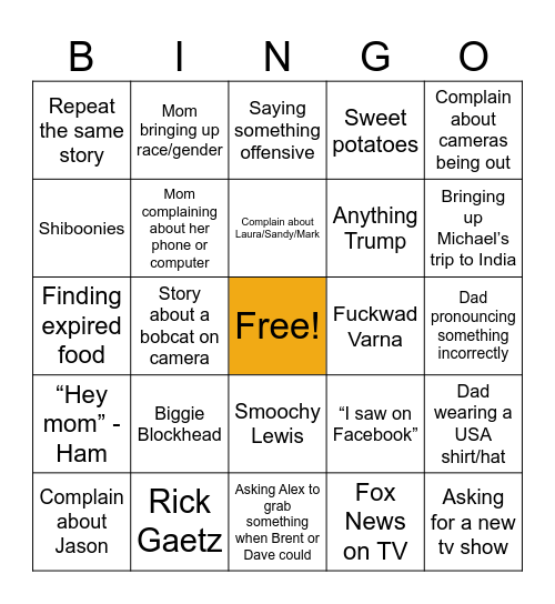 Bruno Thanksgiving Bingo Card