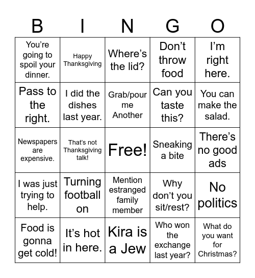 Thanksgiving Bingo Card