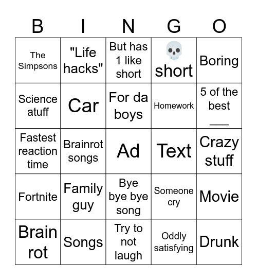 Shorts bingo Card