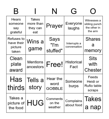 Newcomb Family Thanksgiving Bingo Card