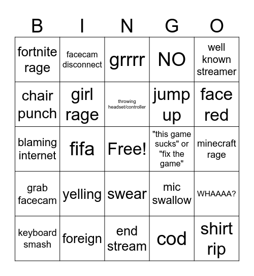 GAMER RAGE BINGO Card