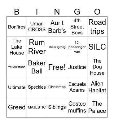Buck family BINGO Card