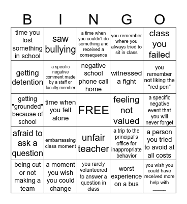 Negative School Memories Bingo Card