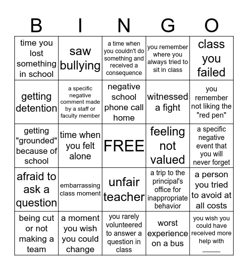 Negative School Memories Bingo Card