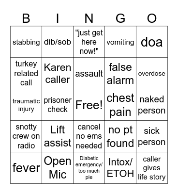 Thanksgiving 911 Dispatch Bingo Card
