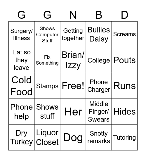 Dad's House Bingo Card