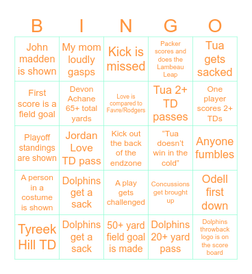 Thanksgiving Dolphins Game Bingo Card