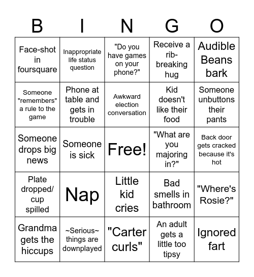 Carter Thanksgiving 2024 Bingo Card