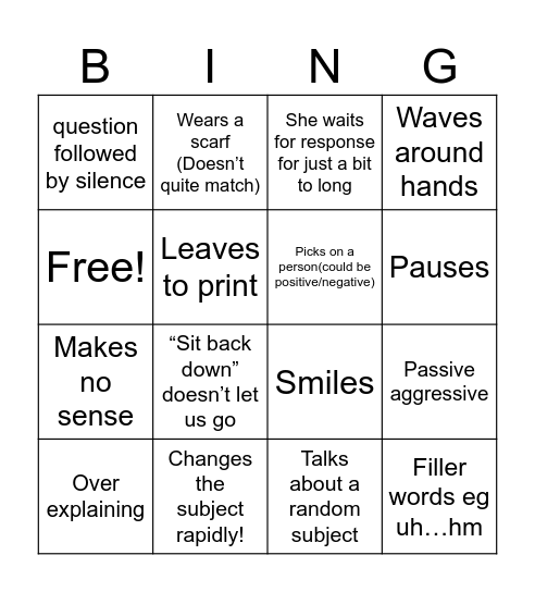 English Bingo Card