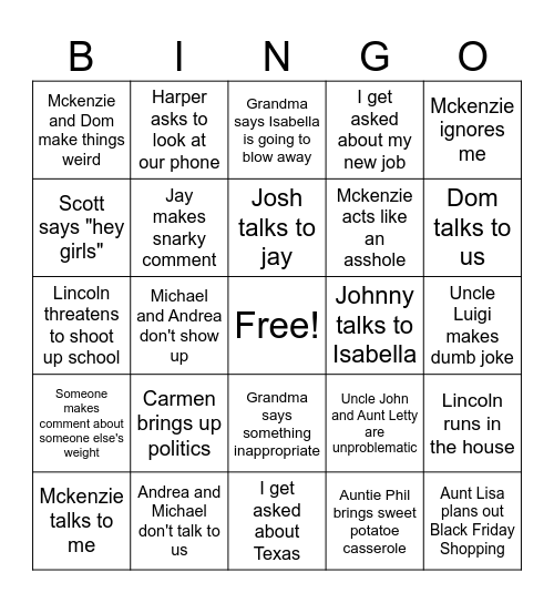 Rotondo Thanksgiving Bingo Card