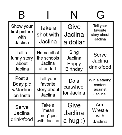 Jaclina's  Birthday Bingo! Bingo Card