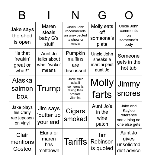 Magg Family Thanksgiving Bingo Card