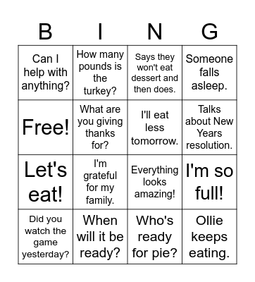 Thanksgiving Bingo Card