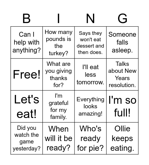 Thanksgiving Bingo Card