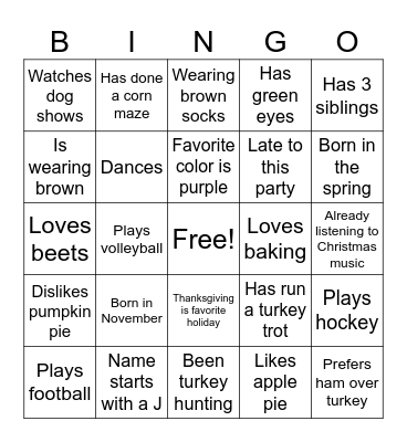 Thanksgiving BINGO Card