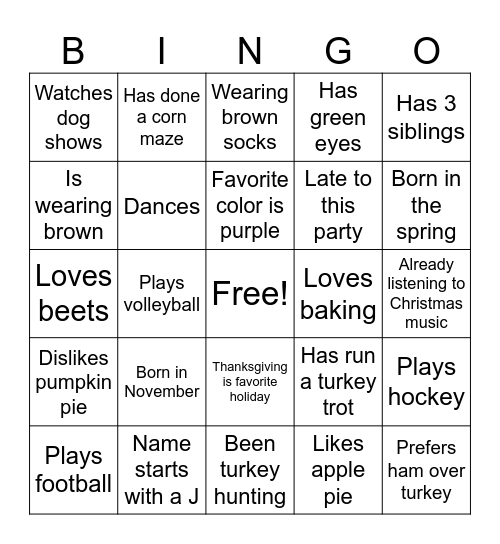 Thanksgiving BINGO Card