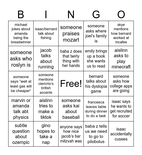 thanksgiving Bingo Card