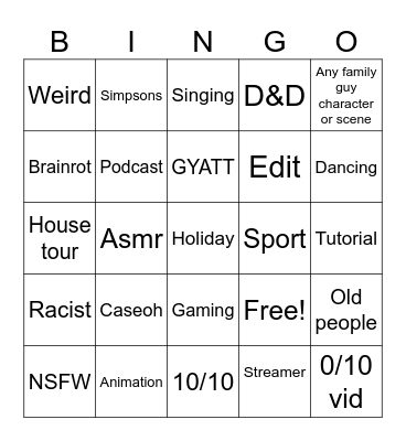 YouTube shorts Bingo Card