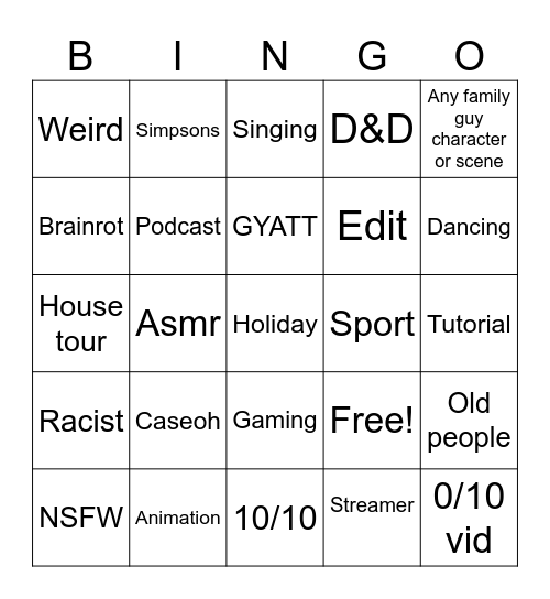 YouTube shorts Bingo Card