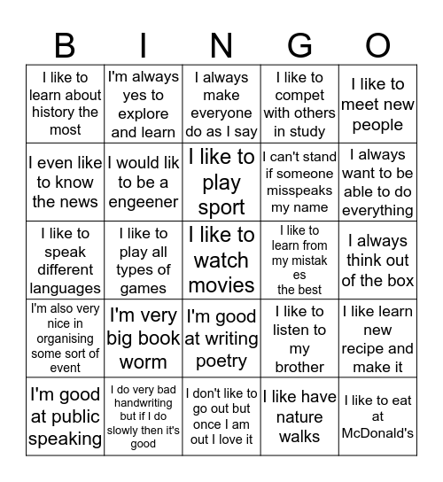 Positive thoughts about me (bingo) Bingo Card