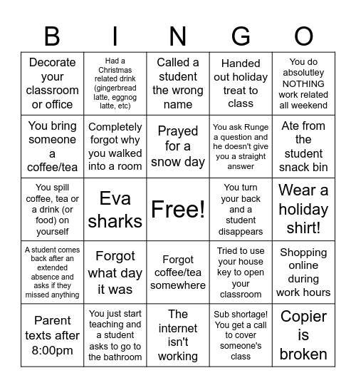 Countdown to Break BINGO Card