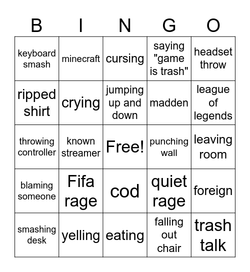 gamer rage Bingo Card