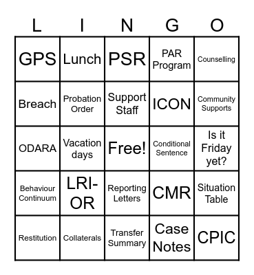 Probation and Parole Bingo Card