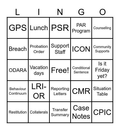 Probation and Parole Bingo Card