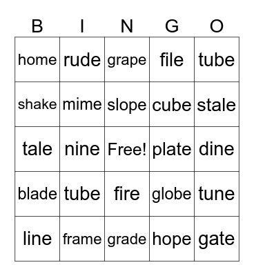 Magic E Bingo Card