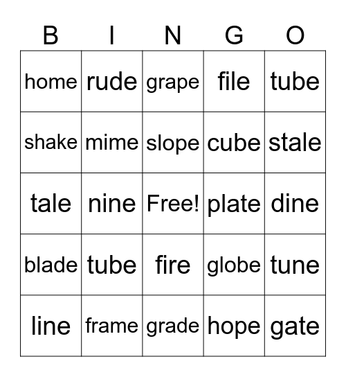 Magic E Bingo Card