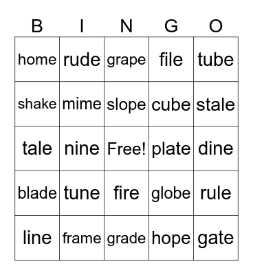 Magic E Bingo Card