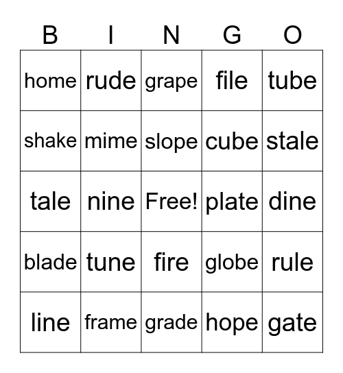 Magic E Bingo Card