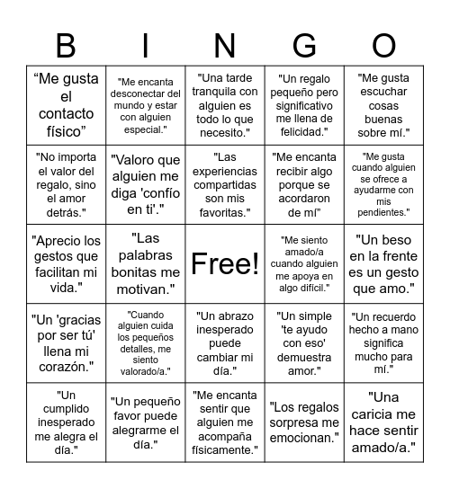 Lenguajes del amor Bingo Card