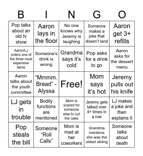 Aaron’s Family Bingo Card