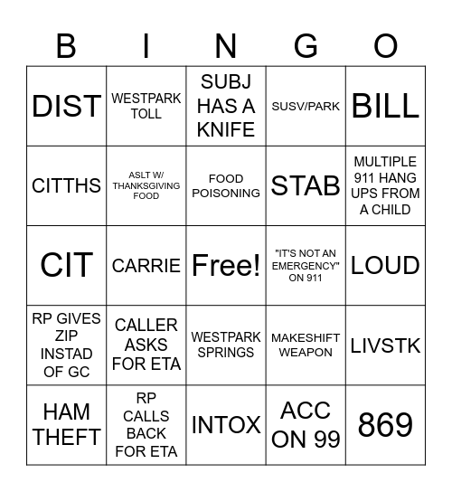 FBCSO Dispatch Thanksgiving Bingo Card