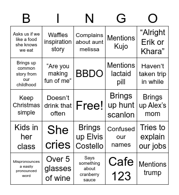 Mom Thanksiving Bingo Card