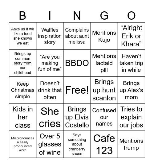 Mom Thanksiving Bingo Card