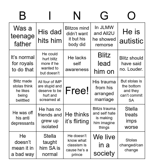 Stolas fans excuses for him Bingo Card