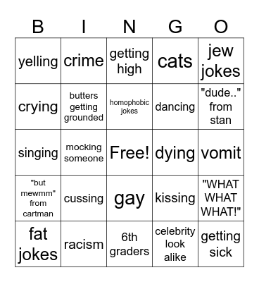 South Park Bingo Card