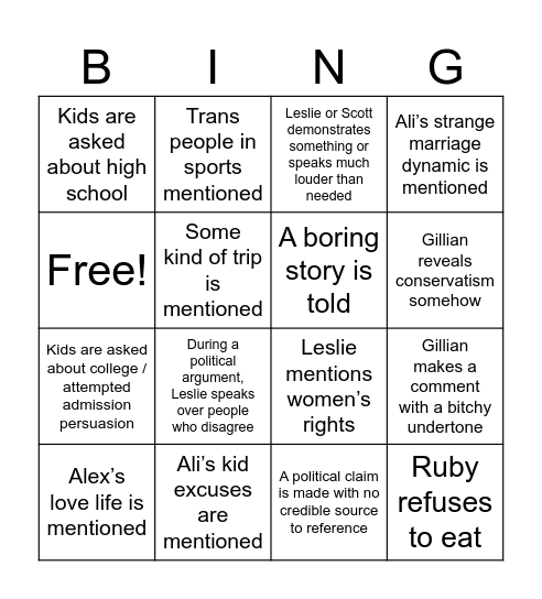 Queen Thanksgiving Bingo Card