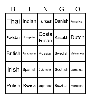 Nationalities Bingo Card