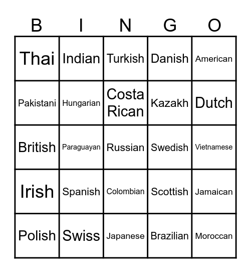 Nationalities Bingo Card