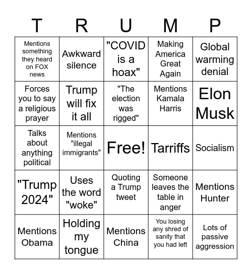 Thanksgiving Bingo: Trump-Loving Grandparents Edition Bingo Card