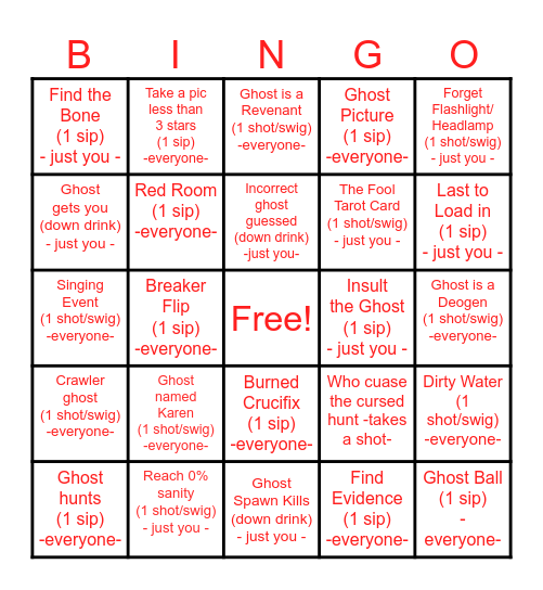 Phasmophobia Drinking Game Bingo Card